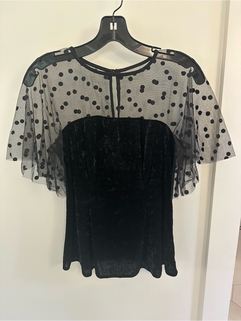 Anthropologie Black Velvet Top with Polka Dot Mesh Cape